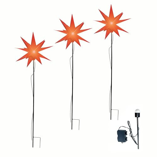 Leuchtstern 3D mit LED Beleuchtung | 3er Set mit Erdspieß | rot | Ø 27 cm | 3D Stern mit 15 Spitzen | wetterfest | Garten Deko, Weihnachtsdeko | Weihnachtsstern | mit Timer | batteriebetrieben