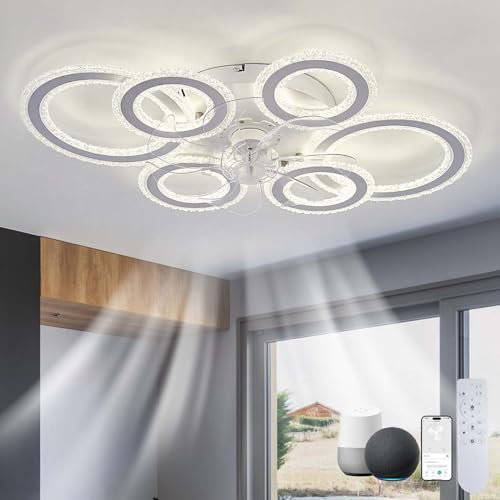 Alexa Smart Ceiling Fans with Lights Reversible Dimmable LED Ceiling Light with Fan and Remote Control Silent DC Fan Light 6 Speed Indoor Bedroom Large Modern for Living Room, Kitchen, Lounge-White