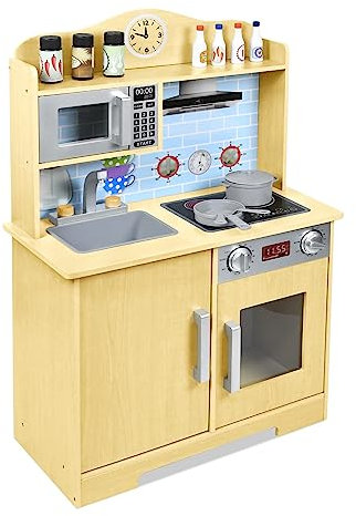 FIVMEN Kinderküche Spielküche Holz mit Herd&Mikrowelle &Wasserhahn&Spüle und Küchen-Zubehör Spielzeugküche Kinder Küche Spielzeug für Kinder ab 3 Jahren, 56x28,5x92cm