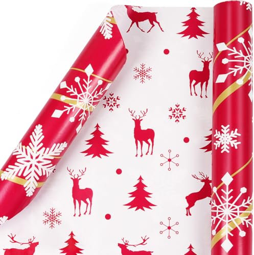 Wendbares Geschenkpapier Weihnachten Rolle, Rot Weiß Weihnachtsgeschenkpapier Rolle für Kinder und Erwachsene, Schneeflocke und Elch Geschenkpapier für Weihnachten Winterurlaub, 43 CM X 10 M