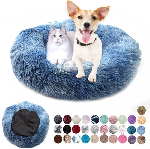Ryanbem Hundebett Rund Plüsch Hundekissen Weich Warm Hundebetten Anti-Angst, Hundehütte Flauschig Kissen Hundebett Waschbar für Kleine, Mittelgroße, Große Hunde Farbverlauf Blau 50cm