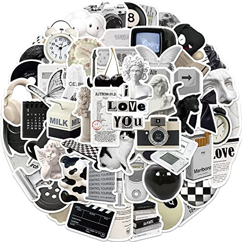 61 pcs pegatinas estética, ordenador portátil blanco y negro minimalista pegatinas de vinilo, bricolaje decorativo ordenador monopatín pegatinas de teléfonos móviles para niños niñas adolescentes