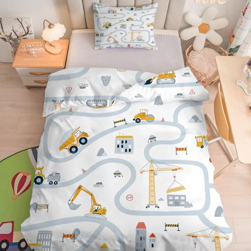 Linfye Parure de lit pour Enfant et BéBé Garçon Tracteur Housse de Couette 100x135 cm Bebe et Taie d'oreiller 40x60 cm, Pelle Blanche Réversible Ensemble de Literie Linge de Lit pour Tout-Petits