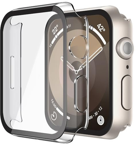 Piuellia Paquete de 2 fundas rígidas con protector de pantalla de vidrio templado HD para Apple Watch Series 9, Series 8, Series 7 de 45 mm, funda protectora de policarbonato antiarañazos para iWatch,