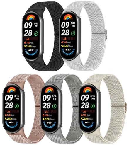 Wizvv 5 Stück Mi Band 9 Armband/Mi Band 8 Armband Herren Damen, verstellbare Dehnbare Nylon Armbänder Sport Ersatzarmband für Xiaomi Smart 9/Xiaomi Smart 8
