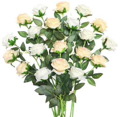 JUSTOYOU 20 PCS Rose künstliche, doppelte Farbe Seide blühende Rose mit Stiel, künstliche Rose Bouquet Realistische Blume für Home Table Office Party Hochzeit Garten Arrangements (Champagner,weiß)