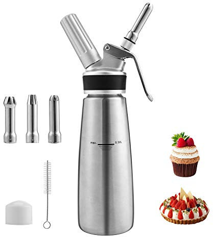 Aopunly Sahnespender Sahnesyphon Edelstahl, 0,5 L Schlagsahnebereiter mit 3 Edelstahl Deko-Düsen und 1 Reinigungbürste, Profi Schlagsahne Dispenser für Desserts Gebäck Sahne, Soßen und mehr