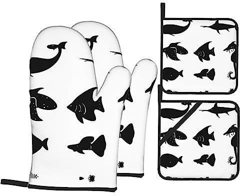 Black and White Fish Oven Mitts and Pot Holders Sets – Kitchen Heat-Resistant Gloves for Safe Cooking, Baking, and Grilling