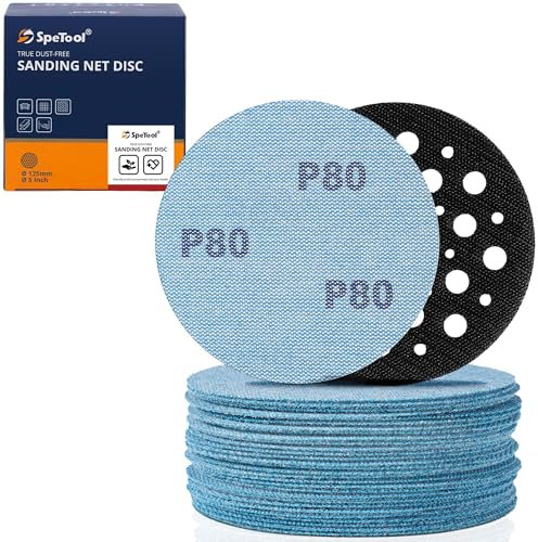 SpeTool Lot de 30 grilles de ponçage 125 mm avec protection de disque abrasif Grain 80 Papier abrasif sans poussière pour bois, plaque de plâtre, métal, résine époxy
