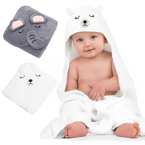 CUEMOON 2Pz Asciugamano con Cappuccio Asciugamano da Bagno in Bambù Organico per Bambini, Asciugamani Neonato Spessi e Assorbenti, per Neonati e Bambini 0-3 Anni