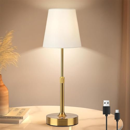 Kabellos Tischlampe Höhenverstellbar, Touch Control Nachttischlampe Stufenlos Dimmbar, 5200mAh Akku USB Aufladbar Tischleuchte, 2700K Warmes Licht Mit Stoffschirm Für Schlafzimmer, Wohnzimmer - GOLD