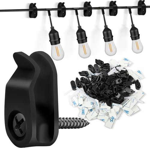HOTUT Crochets à visser, 50 pièces Clips de guirlande lumineuse d'extérieur Avec adhésif ruban, Q-Hanger Crochet de Suspension pour guirlandes lumineuses et décoration de Noël - Noir