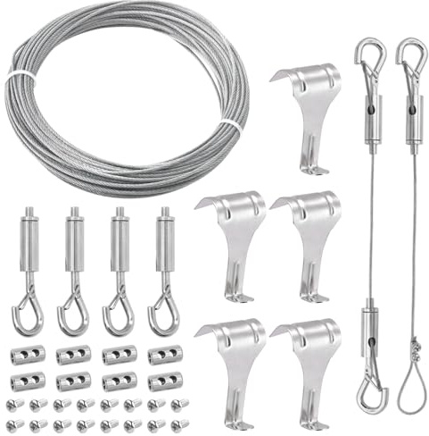 KIBBEH Picture Hanging Wire Kit, Stainless Steel Adjustable, 50ft | Stainless steel wire, ideal for mirrors/pictures/billboards, 50ft length, 1.5mm thick, includes 5 rail hooks, easy to adjust