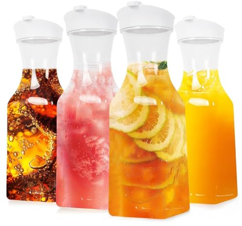 Set of 4 Plastic Carafe with Lid, 1 Liter Mimosa Bar Supplies, Large Square Base Juice Containers, Water Bottle, Milk Container, Clear Beverage Containers for Fridge - HAND WASH ONLY