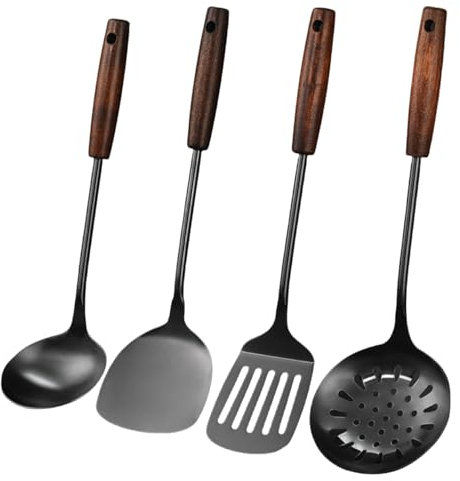 Ustensiles de Cuisine de 4 pièces, Spatule et louche wok, cuillère écumoire, ensemble de spatules retourneuses à fentes, acier inoxydable 304 avec manche en bois massif (Noir)