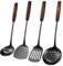 Ustensiles de Cuisine de 4 pièces, Spatule et louche wok, cuillère écumoire, ensemble de spatules retourneuses à fentes, acier inoxydable 304 avec manche en bois massif (Noir)