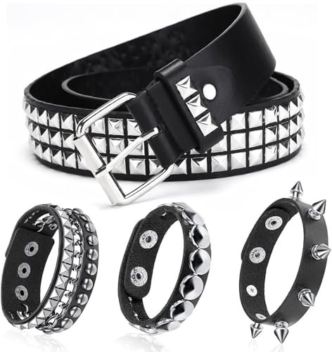 Nietengürtel, 4 Stück Grunge Accessoires mit 1 Nietengürtel Herren 3 Nietenarmband, Verstellbare Gothic Nietengürtel Damen, Studded Belt für Punk Emo Grunge Halloween Weihnachten 80er Party Unisex