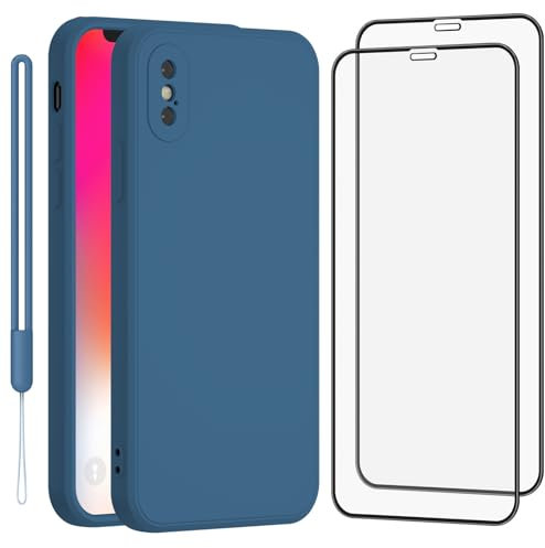 Meliya Coque pour iPhone X/XS avec 2 Pieces Verres Trempés et 1 Cordon, Coque Antichoc avec Protection des Caméras, Étui en Silicone avec Doublure en Microfibre Souple (Marine Bleu, iPhone X/XS)