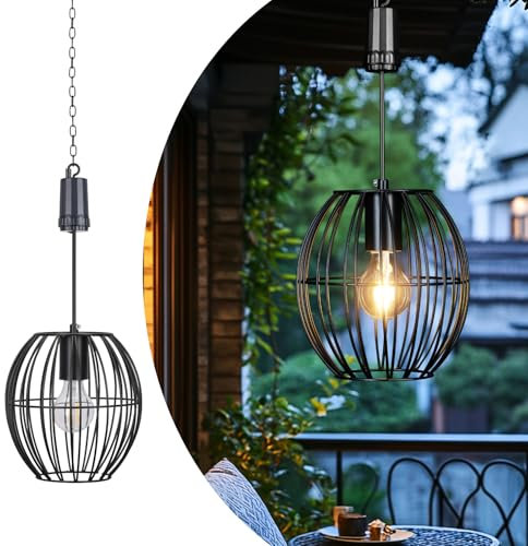 pearlstar Hängelampe mit Batterie, Metall-Pendelleuchte Outdoor schwarz, batteriebetriebene Lampen mit Timer und verstellbarer Kette, Laterne für draußen Garten Terrasse Balkon Hof