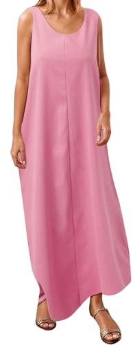 Donna Casual Girocollo Estivo Senza Maniche Vestito Regolabile Bottoni Abito Lungo Con Tasca Abito Camicia Donna, Colore: rosa., L