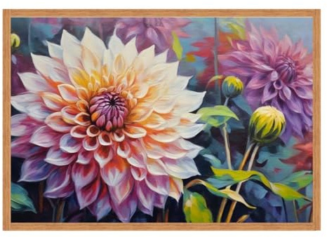 GAEKKO Wall Picture 'The Strength of the Dahlia - Painted Picture' on Aluminium with Picture Frame Aluminium Dibond Picture 120 x 80 cm