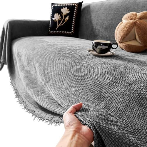 Granbest Dicke Chenilledecke für Couch und Bett, weiche, gemütliche Sofadecke mit Quaste, dekorativer Sofabezug, 4 Jahreszeiten, universeller Sofaschutz für Haustiere, Kinder (180 x 300, Chenille-Grau