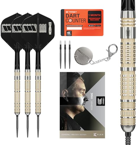Target Darts Dimitri Van den Bergh Steeldarts 95K-Dartpfeil-Set, 23 g | 95-%-Tungsten-Dartpfeile, K-Flex No. 2 Flights und Schäfte, Schwarze Swiss DX-Points und SP-Tool inkludiert | Player-Edition