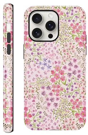 Foonary Cute Case for iPhone 15Pro 6.1, Preppy Pink Flower Girly Aesthetic Dsign Pattern for Girl Women, Shockproof Slim Soft TPU and Hard PC Frosted Double Protective Cover