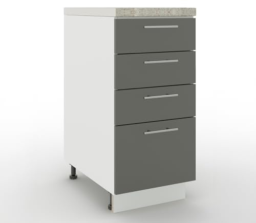 JD Greta Adjustable Kitchen Drawer Base Unit - 400mm - Drawer Cabinet with Fronts & Worktop - Grey Matt