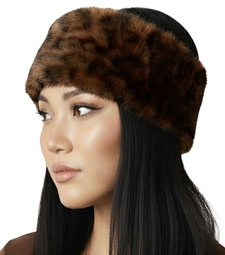 Funky Junque Fuzzy Headbands for Women – Fluffy Faux Fur Ear Warmer Head band, Warm Winter Furry Ear Muff Head Wrap Cozy Fit, Leopard - Brown, 1 Count (Pack of 1)