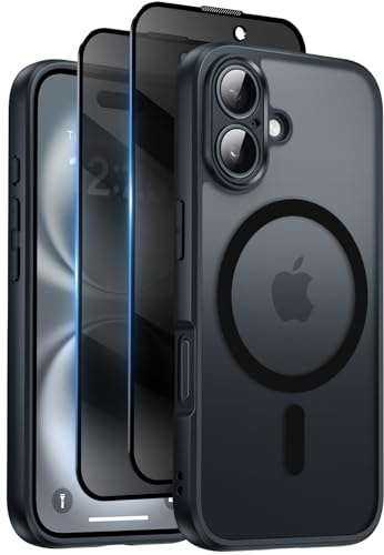 Qasyfanc für iPhone 16 Hülle Sichtschutz Schutzfolie, Schwarz | Magnetisch Handyhülle Matt Hard PC Kratzfest Stoßfest Transluzente Schutzhülle