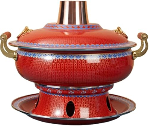 Beijing Hot Pot, Chinese Charcoal Hotpot, Red Copper Vintage Hot Pot with Chimney for Charcoal Burning, Shabu-Shabu Hotpot Cooker for Family Dinners and Stewed Lamb Camping,Red,34cm