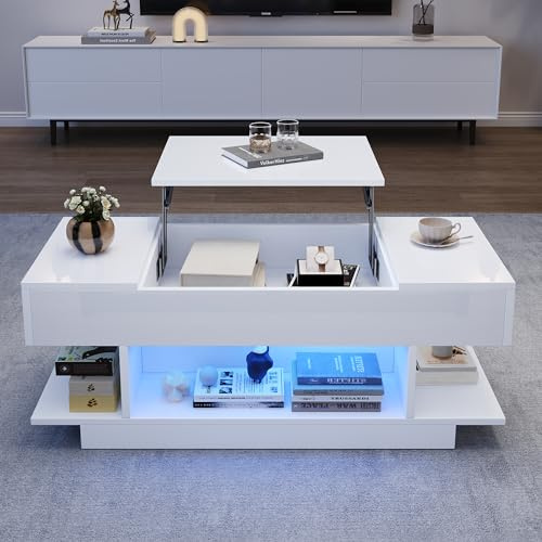 FammyLoft Couchtisch Höhenverstellbar, Coffee Table mit Lift-Tischplatte, Sofa Tisch mit 2 Klappschränken, Wohnzimmertisch mit Halboffenem Stauraum, Hochglanz-Teetisch mit LED, 98 x 45 x 40 cm, Weiß