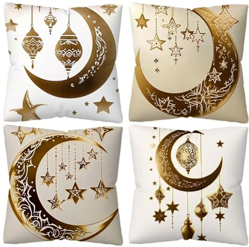 Tidevib Ramadan Dekorativer Kissenbezug, 45 x 45 cm, goldfarben, Mond und Eid-Muster, doppelseitig, Polyester, festliche Heimdekoration, 4 Stück