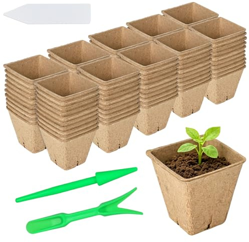 Ollas de 6 x 6 cm, macetas de plántulas degradables, 100 celdas, maceta, cuencos de siembra con etiquetas vegetales, celulosa, cáscara de plántula, cuadrado, pequeña, pulpa de papel, naturaleza, para
