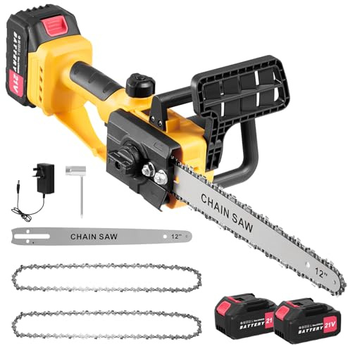 Keleef 12 Electric Chainsaw Cordless 2000W Battery Chainsaw with 2x3000mah Battery & 2 Chains, Mini Chain Saw with Safety Lock, Hand Chainsaw for Logs, Branches, Trees Trimming & Firewood Cutting
