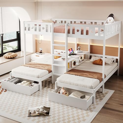 Wiuzo Letto a soppalco con scala, vano portaoggetti e due cassetti, letto superiore 140 x 200 cm, letto inferiore 90 x 200 cm, struttura letto in legno massiccio, letto triplo, letto per bambini