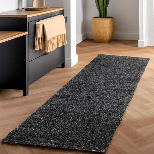 SIMPEX Shaggy Hochflor Teppich, 60x110 cm, Anthrazit, weich, flauschig, modern, einfarbig, Für Flur oder kleine Räume, für Wohnzimmer Schlafzimmer Flur