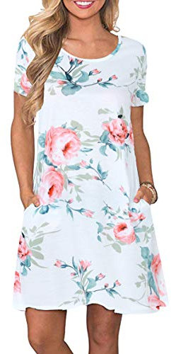 YMING Femme Robe Manches Courte Chemise Longue Impression Robe Basique Rose Blanche L