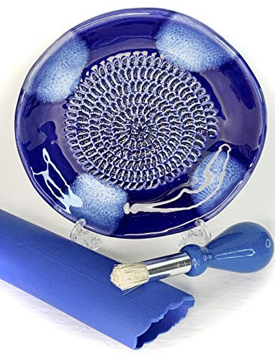 BonCera, All-in-one 4pcs Premium Ceramic Garlic Grater Set - Hand-Made, Blue Glazed Design Grater Plate w/Garlic Peeler, Gathering Brush, Display Stand, It's Also Grating Turmeric, Ginger, and More,