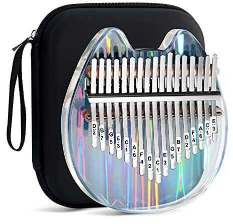 Beveetio Piano de pulgar Kalimba transparente con funda protectora EVA, cristal transparente Kalimba de 17 teclas, instrumentos musicales regalos para niños, piano de dedo en forma de gato, mbira