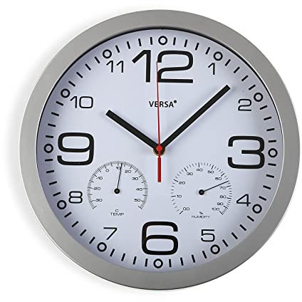 Versa Pamuk Reloj de pared silencioso y decorativo, para Cocina o Salón con Higrómetro y Termómetro, Medidas (Al x L x An) 30 x 4,1 x 30 cm, Plástico y Cristal, Color Blanco y gris