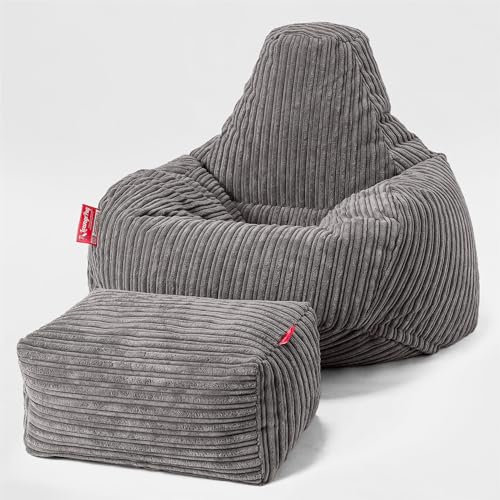 Lounge Pug - Gaming Sitzsack Sessel mit Hocker - Cord Schiefergrau - Teardrop - Sitzsack Sessel