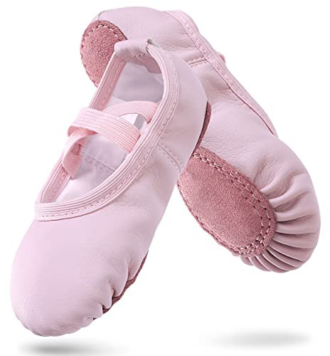 Ballettschuhe Mädchen Leder Ballettschläppchen mit Geteilte Ledersohle Gymnastik Tanzschuhe für Kinder Damen,Rosa Eu29