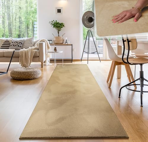 Paco Home Moderner Kuscheliger Wohnzimmer Teppich Kurzflor waschbar flauschig Weich Einfarbig Felloptik zeitlos stilvoll rutschfest pflegeleicht, Grösse:80x300 cm, Farbe:Beige 2