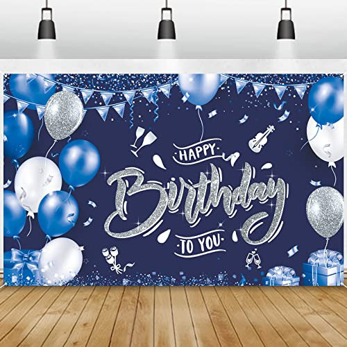 GRESATEK Photocall Cumpleaños Plata Azul, Happy Birthday Banner, Fondo Fiesta Decoración para Hombres y Damas, Cabina Fotos