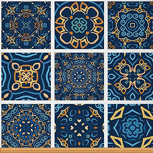Boho Stoff Meterware Mandala Blumen Polsterstoff Marokkanischer Karo Dekostoff Bohemian Fliesen Drinnen Draußen Stoff Europäischer DIY Kunst Wasserdichter Stoff Blau Gelb 92 x 150 (HxB)