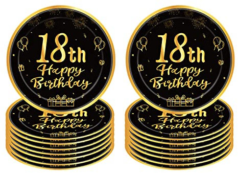 18th Birthday Paper Plates 9”Black and Gold Paper Plates,16Pcs Disposable Tableware Party Plates,Happy 18th Birthday Decorations Plates for Boys,Girls,Him,Her 18th Birthday Party Supplies Table Decor