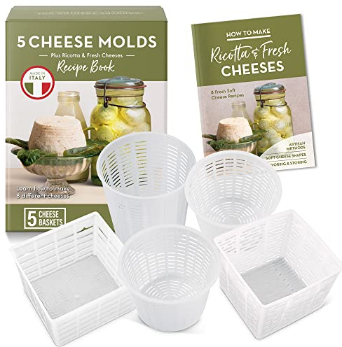 Einfaches Käseherstellungs-Set,5 Käseformen + Käsebuch,Hergestellt in Italien,Rezepte zur Herstellung von Ricotta, Paneer, Ziegenkäse, Quark und mehr,Professionelles Käsepressen-Korb-Set von Sieben