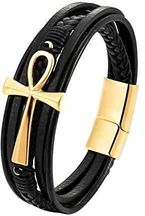 Joielavie 19 cm Ägyptisches Armband mit Ankh-Kreuz des Lebens, goldfarben, Magnetschnalle, mehrreihig, gewebt, echtes Leder, Edelstahl, Vintage-Schmuck